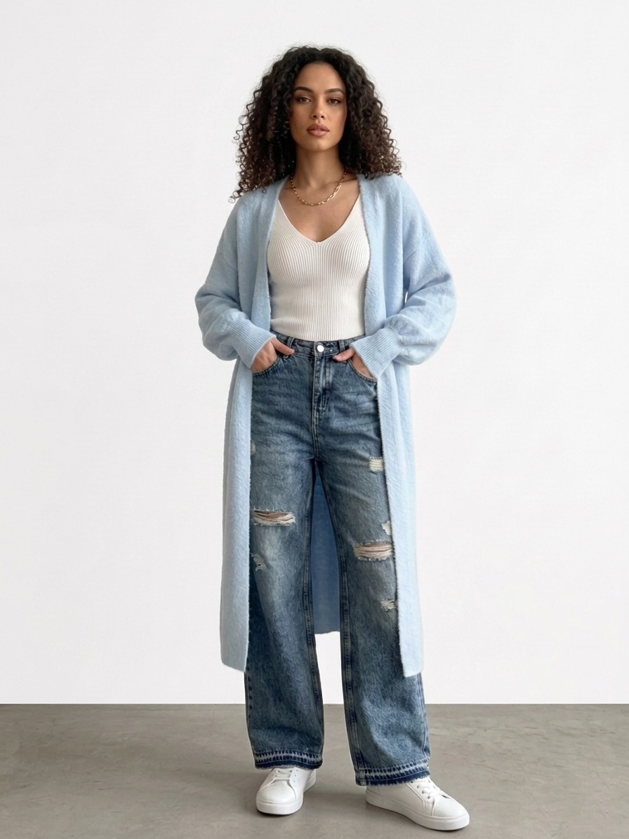 Sky Blue Longline Knit Cardigan