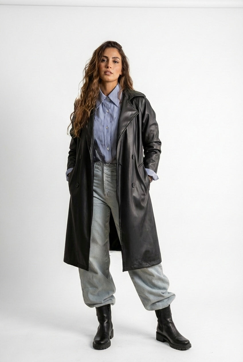 Faux Leather Long Trench Jacket