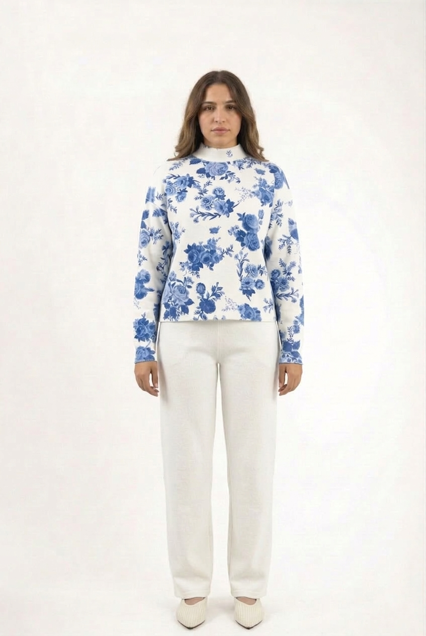 Blue Floral Print Knit Top